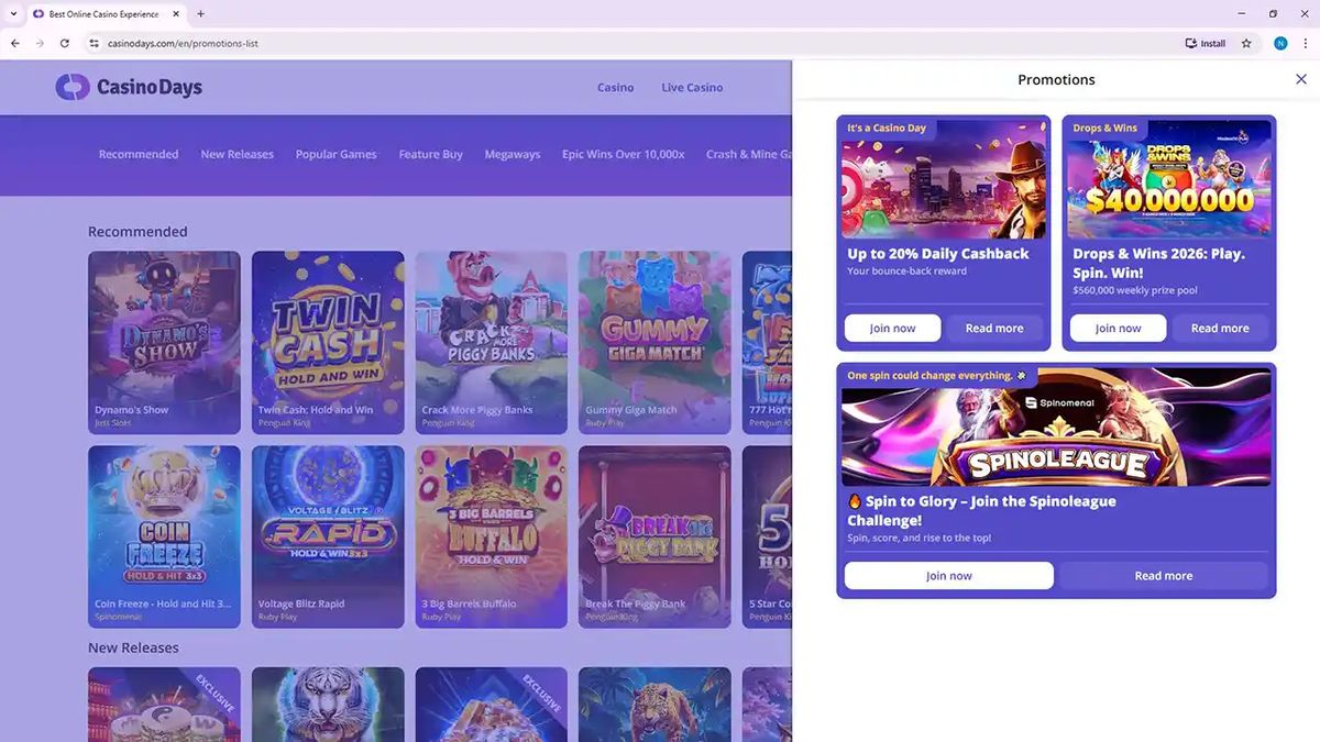 Casino Days: screenshot of the casino site