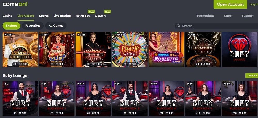 ComeOn Casino: screenshot of the casino site