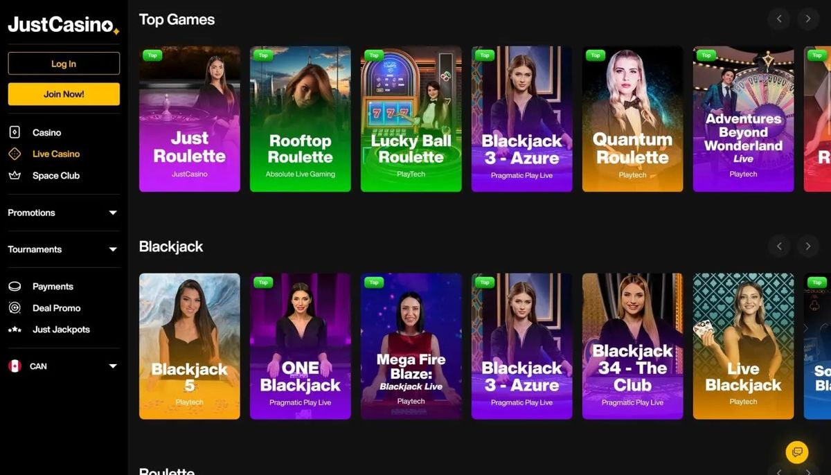 JustCasino: screenshot of the casino site