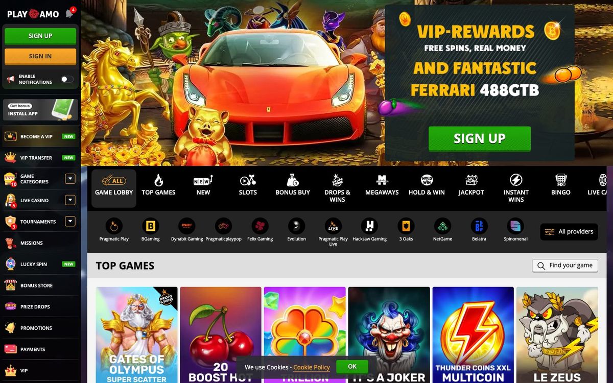 Playamo Casino: screenshot of the casino site