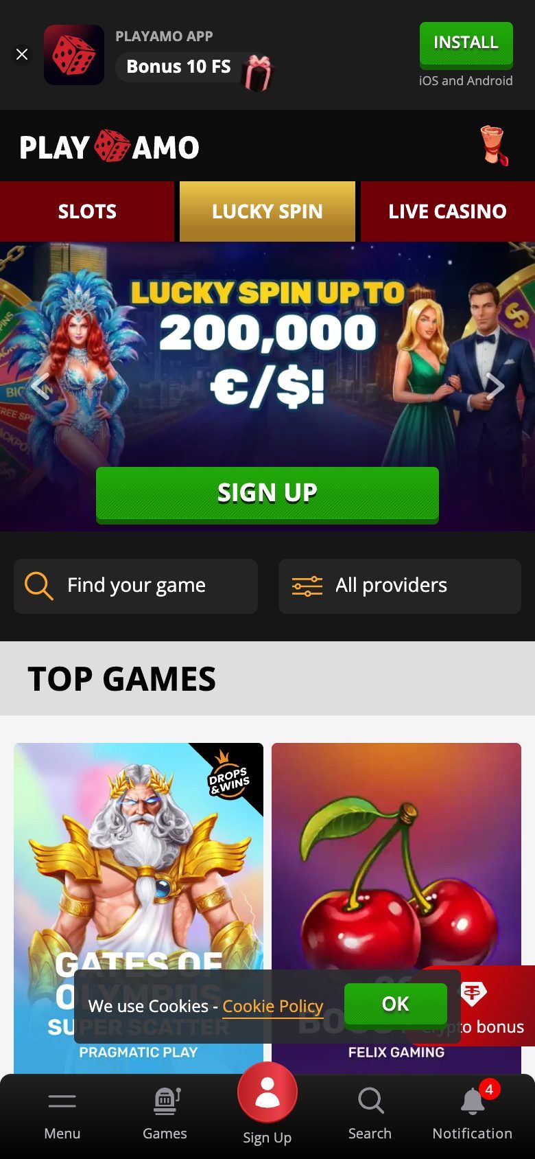 Playamo Casino: screenshot of the casino site