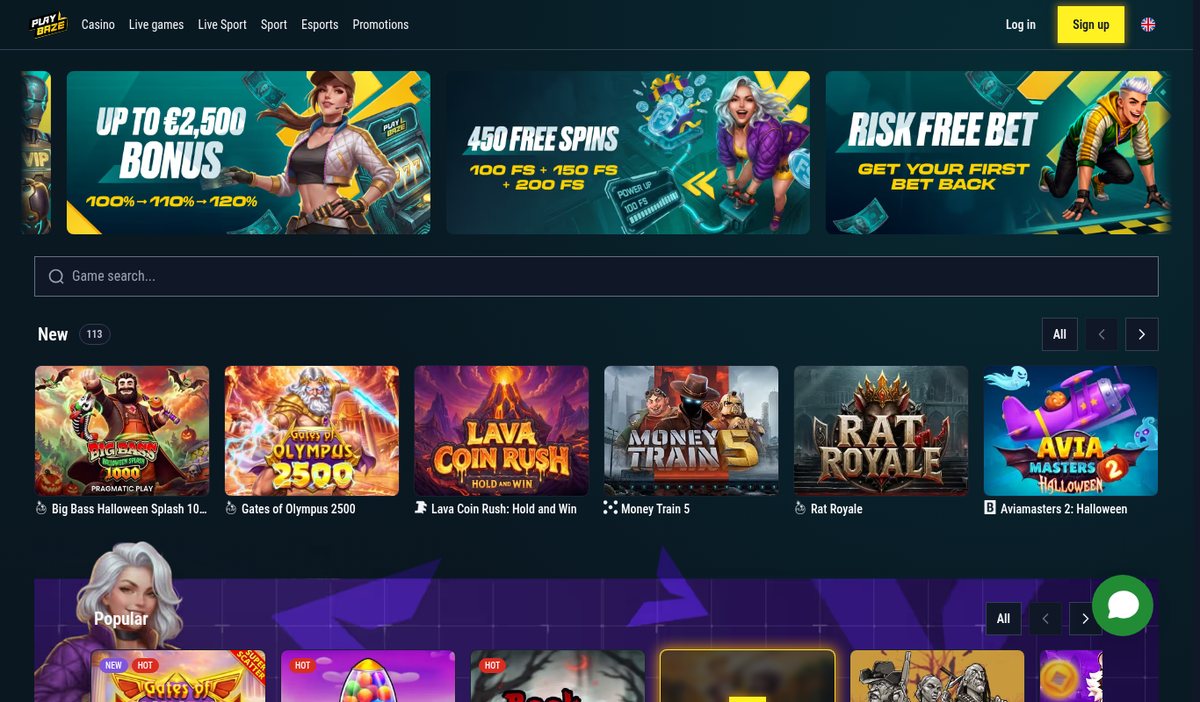 Playbaze casino lobby with the welcome bonus banners and new slots