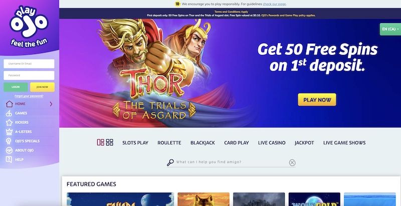 PlayOJO: screenshot of the casino site