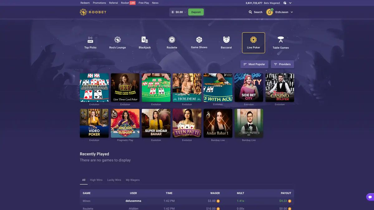 Roobet: screenshot of the casino site