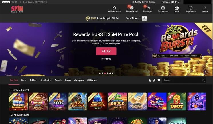 Spin Casino lobby, a pick for instadebit and idebit casinos