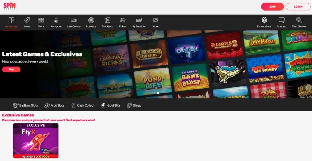 Spin Casino: screenshot of the casino site