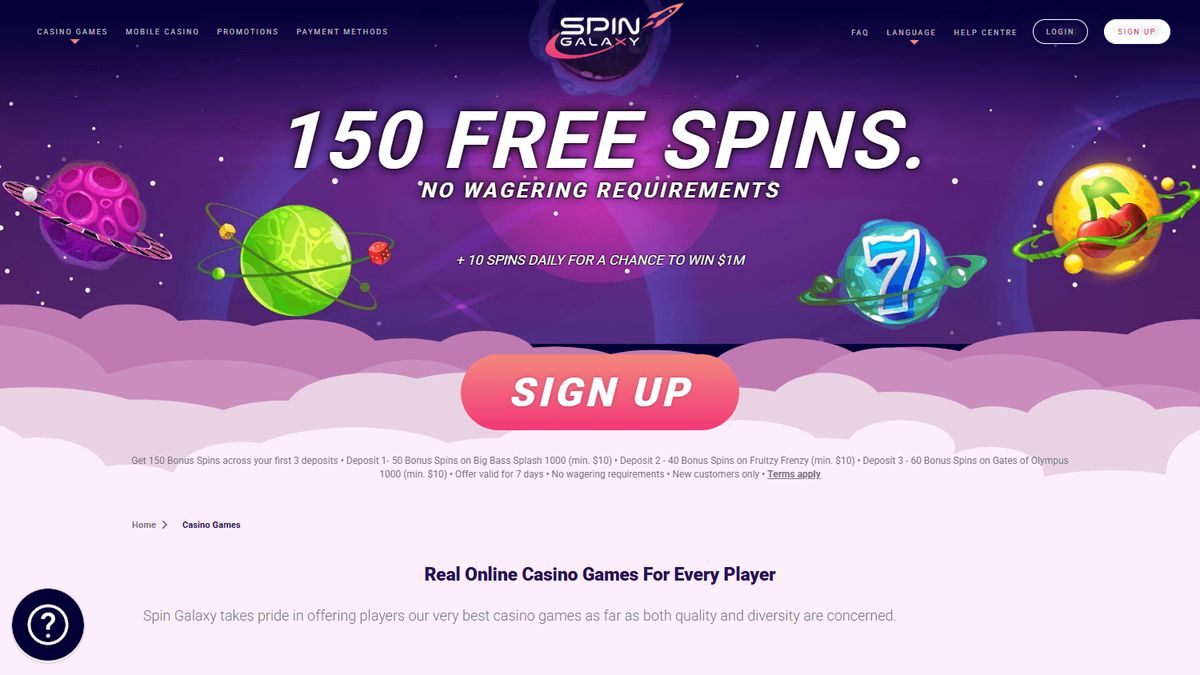 Spin Galaxy Casino: screenshot of the casino site