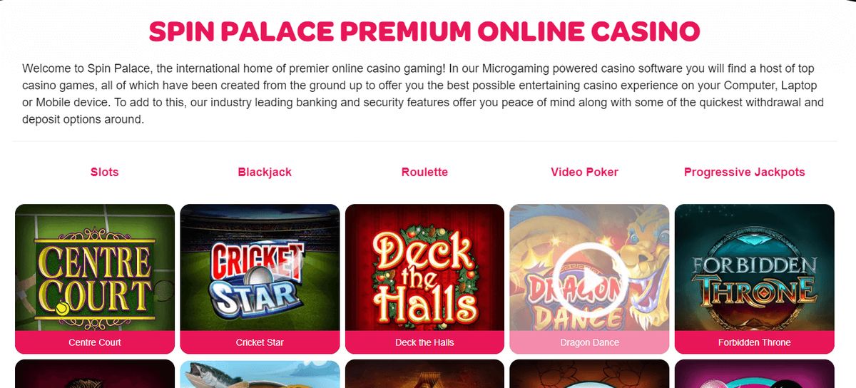 Spin Palace Casino: screenshot of the casino site