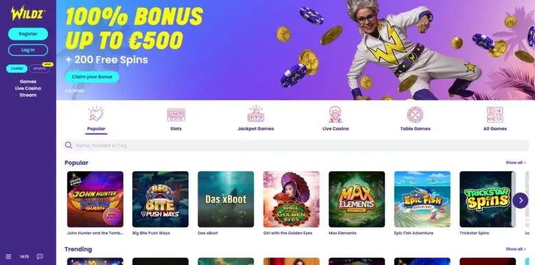 Wildz Casino: screenshot of the casino site