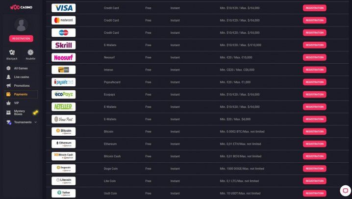 Woo Casino: screenshot of the casino site