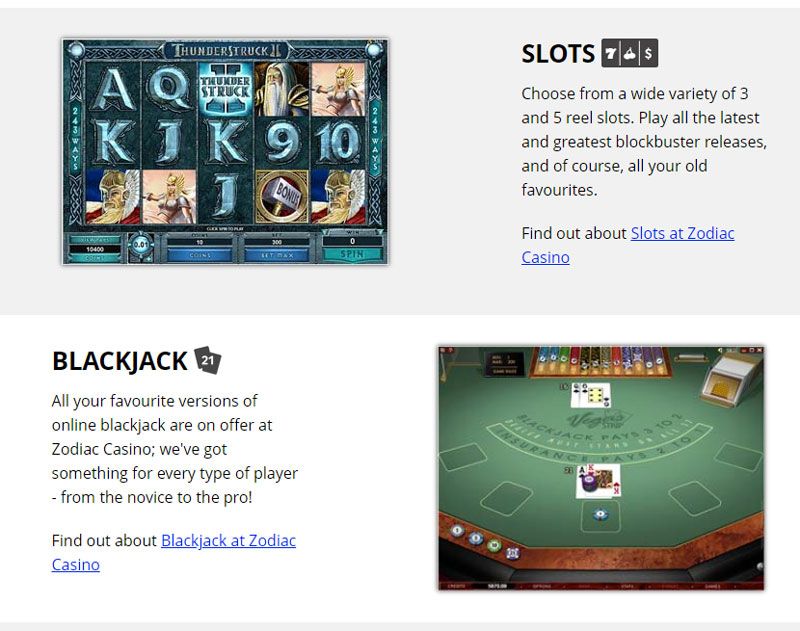 Zodiac Casino: screenshot of the casino site