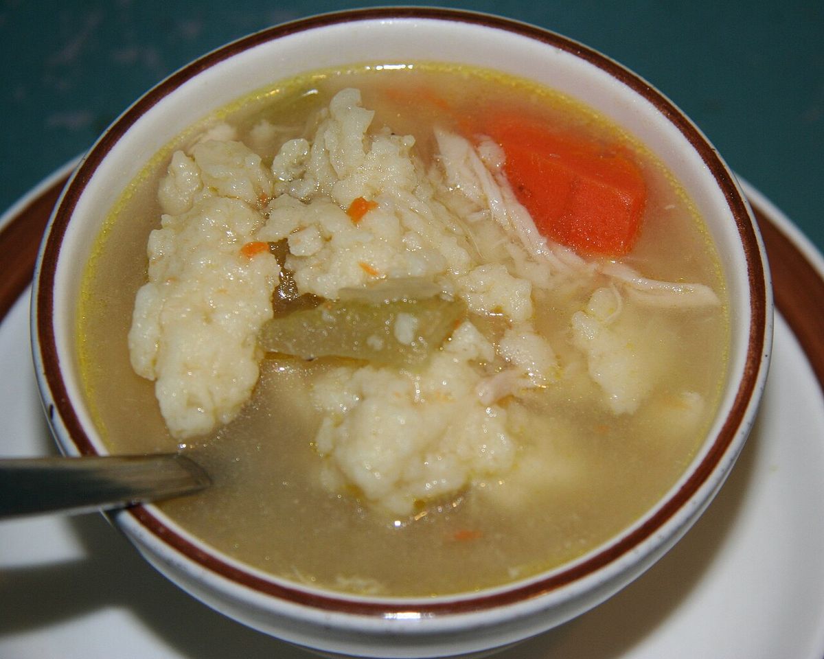 A bowl of chicken and dumplings with vegetables served at Nicoll's Cafe, 255 Main Street, Pine City, Minnesota