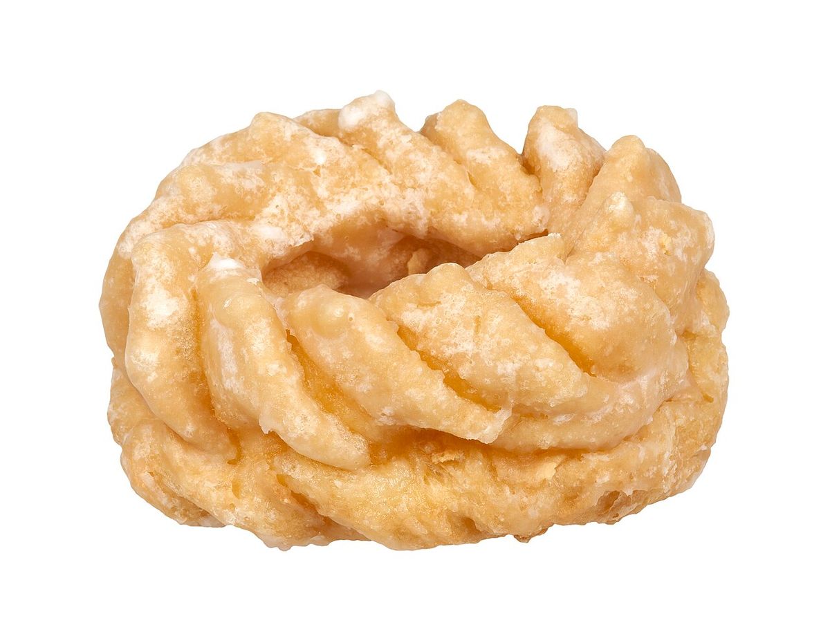 A french cruller donut, as bought from Dunkin' Donuts in America.