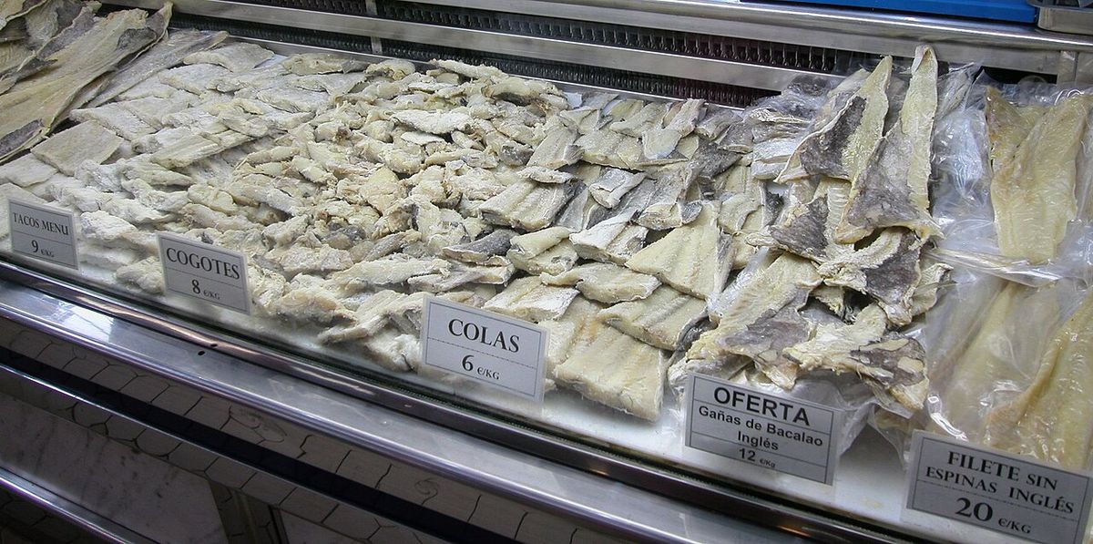 Varieties of salt cod for sale, Central Market, Valencia, Spain.