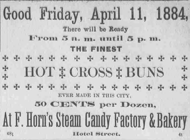 "50 cents per dozen at F. Horn's Steam Candy Factory & Bakery" The Daily Bulletin, April 09, 1884, Image 3 http://chroniclingamerica.com/lcc