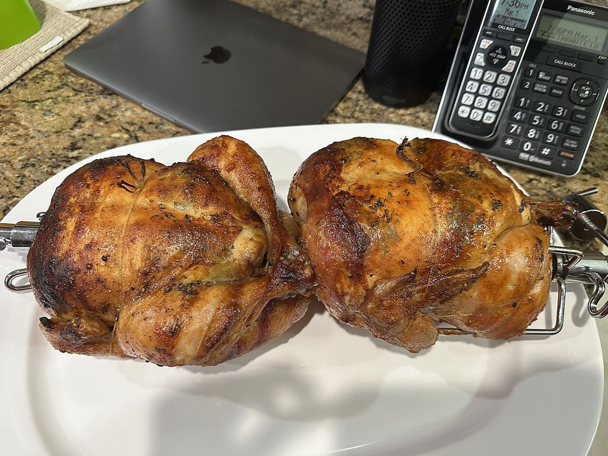 Homemade rotisserie chicken from a propane grill in the United States
