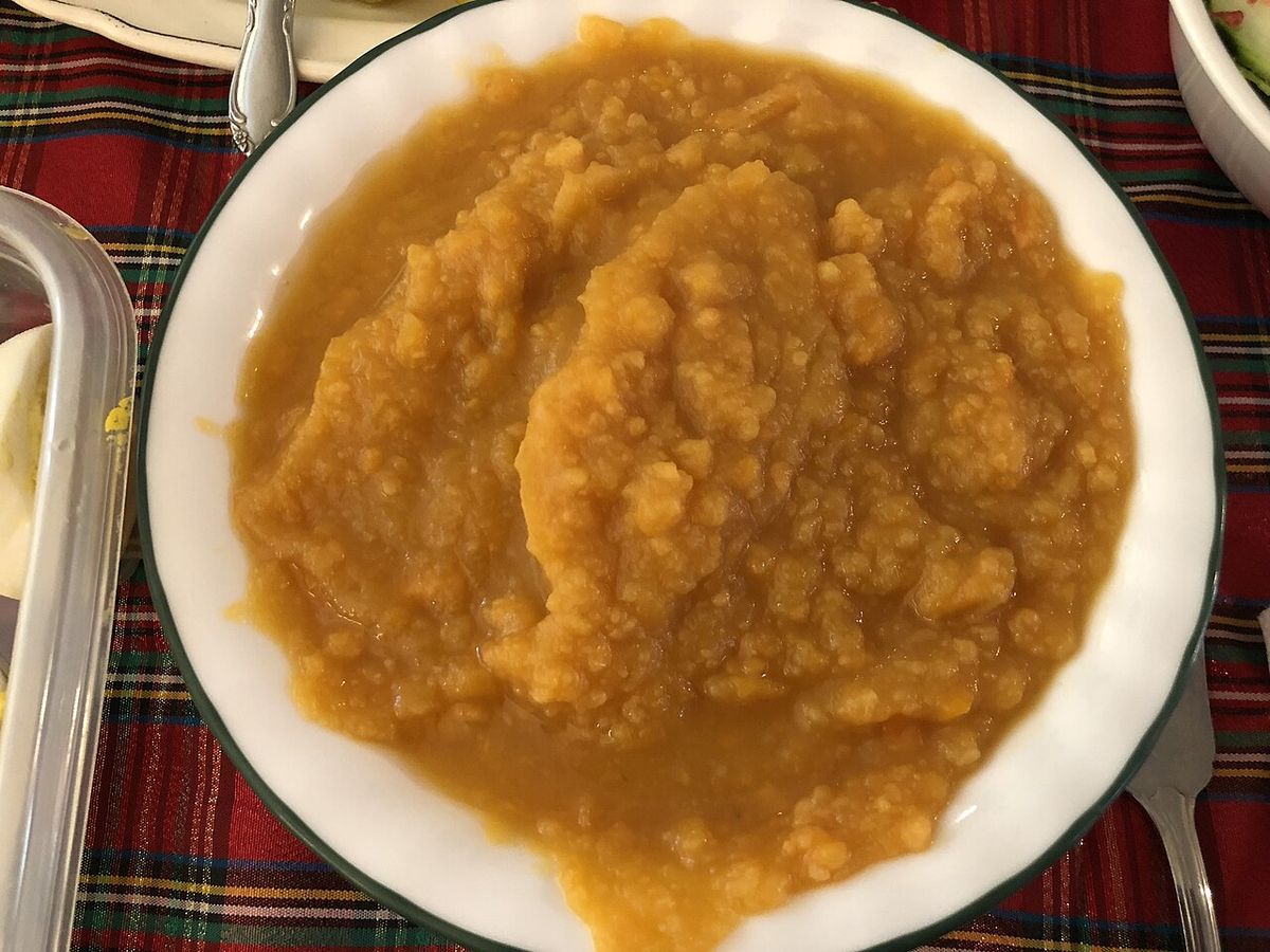 A bowl of candied yams laid out for Thanksgiving Dinner in the Parkway Village section of Ewing Township, Mercer County, New Jersey