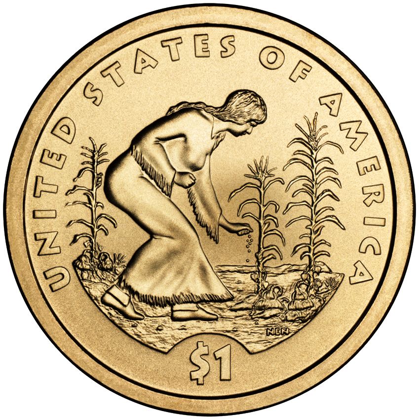 Three Sisters as featured on the reverse of the 2009 Native American U.S. dollar coin. 2009 reverse by Norman E. Nemeth.