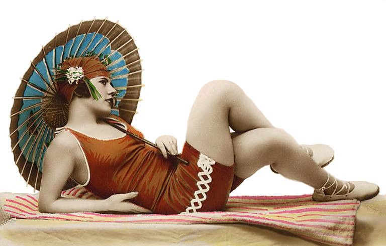 Woman's bathing suit from 1920s. Photo postcard. No copyright notice on card. This is a SOL postcard, series 2832. Here is a larger example 