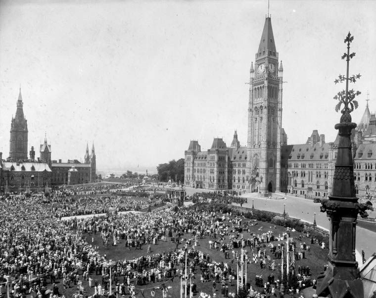 Celebrations for the 60-Year Jubilee of Canadian Confederation (1867-1927) on Dominion Day on Parliament Hill in Ottawa, Canada.