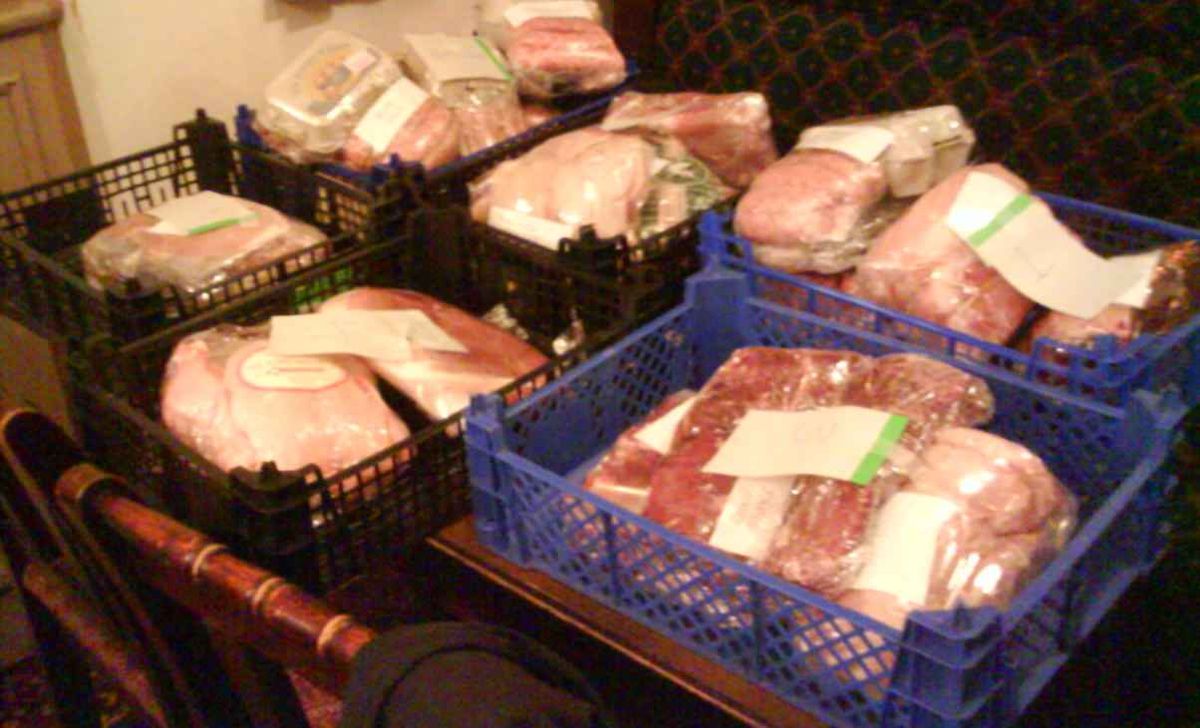 Meat prizes on display, Duke of Monmouth pub, Oxford, UK