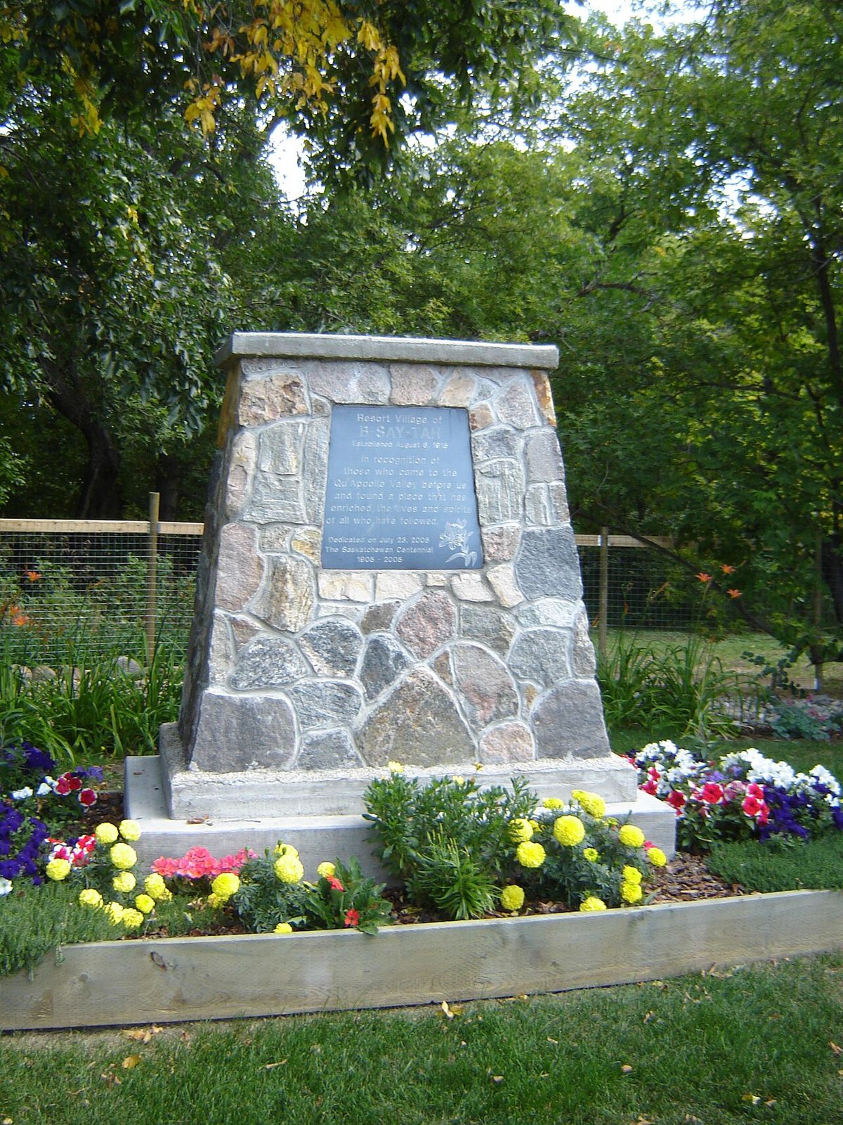 B-Say-Tah Established August 6, 1916. In recognition of those who came to the Qu'Appelle Valley before us and found a place that has enriche