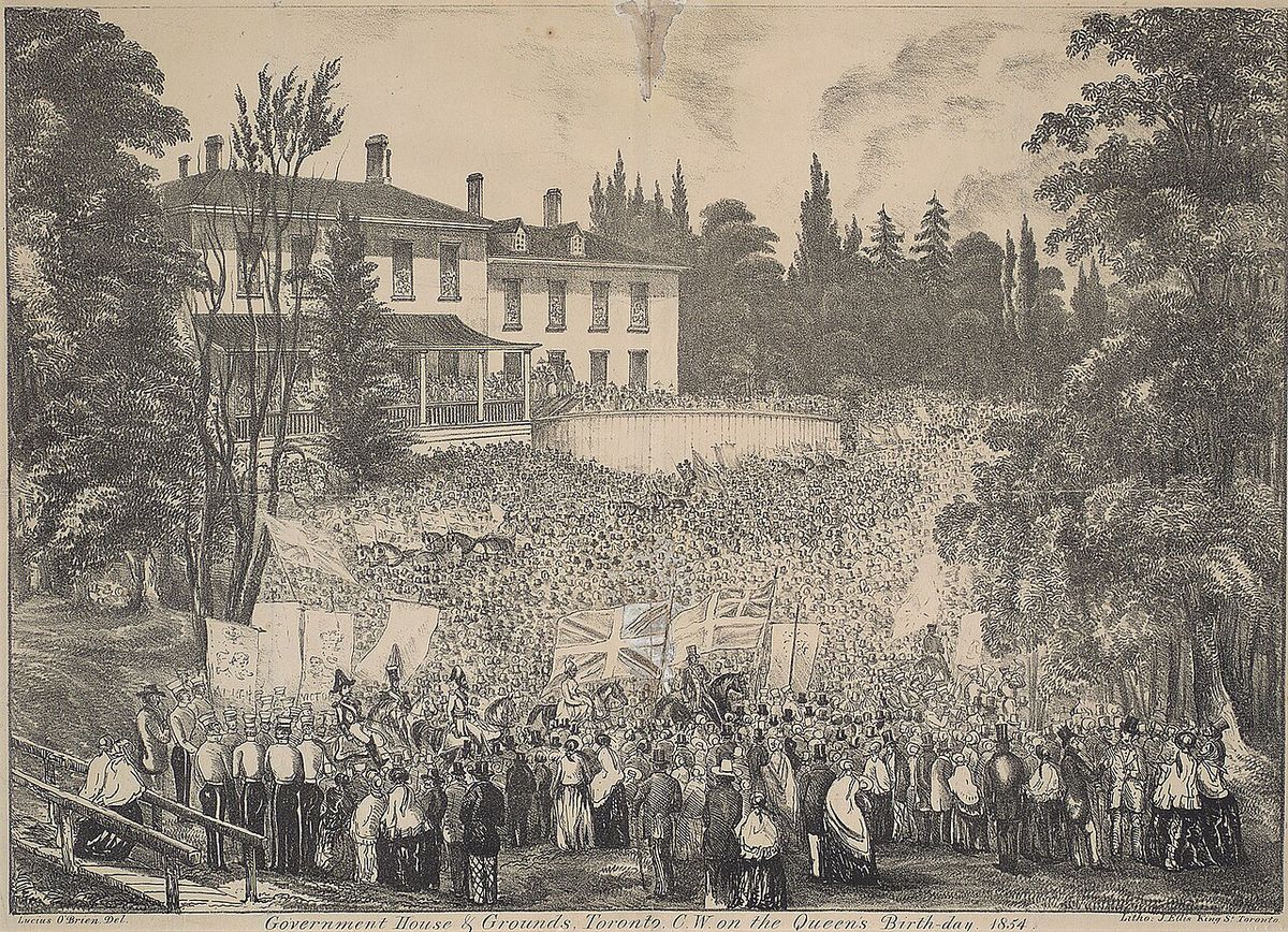 Celebration of Queen Victoria's birthday on the grounds of the second Government House of Upper Canada (the first outside of Fort York), at