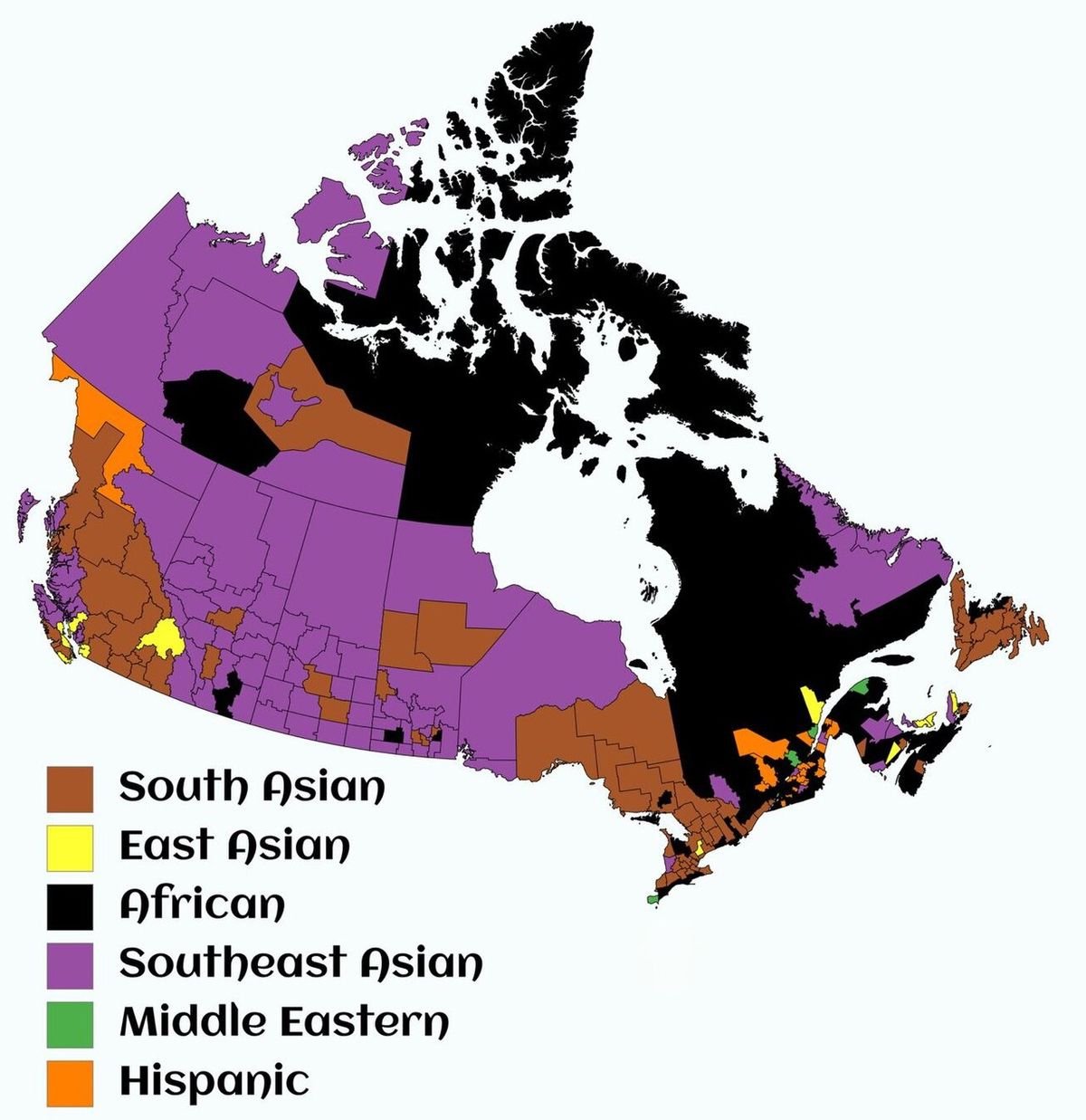 Population distribution of Visible Minority Canadians in Canada by percentage of total population by census division, 2021 census