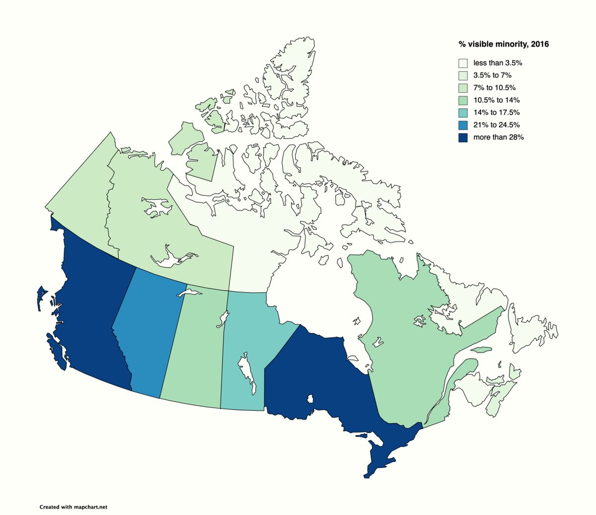 A choropleth map of the percentage of visible minorities in each Canadian province as of the 2016 census.