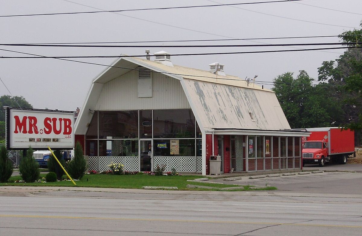 A Mr. Sub restaurant housed in a converted barn, located on the north side of Dundas Street East in Mississauga,Ontario, Canada.