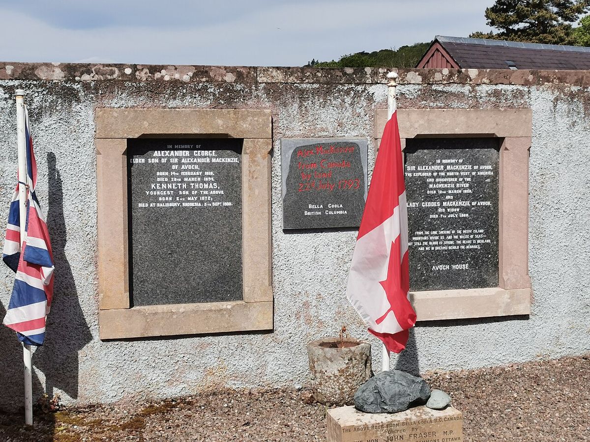 Photograph of Alexander Mackenzie's burial place in the village of Avoch, Ross Shire. Included is a replica of the stone he carved at Bella 