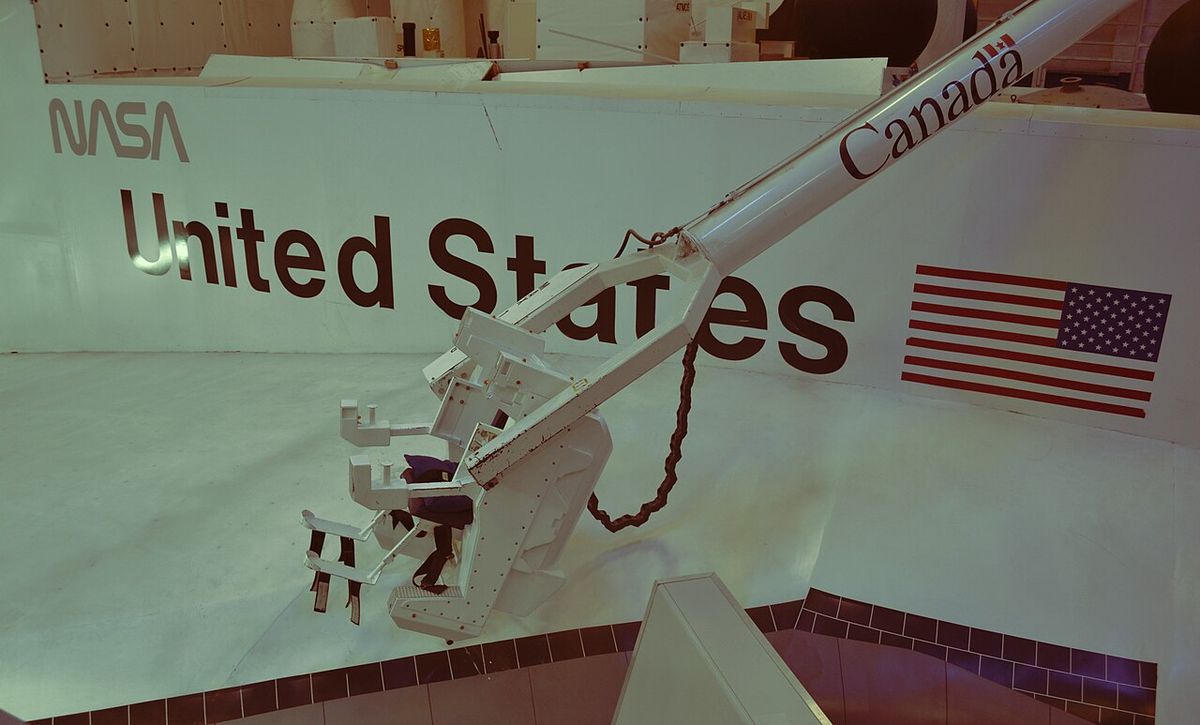 Life Size replica of the The Shuttle Remote Manipulator System (SRMS), also known as Canadarm (Canadarm 1) at the Euro Space Center in Belgi