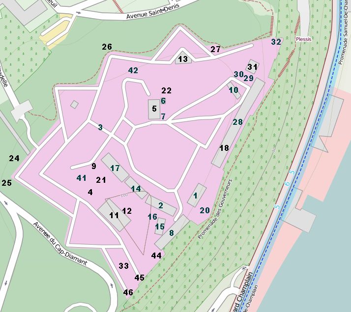 Carte de la Citadelle de Québec avec numéros des bâtiments