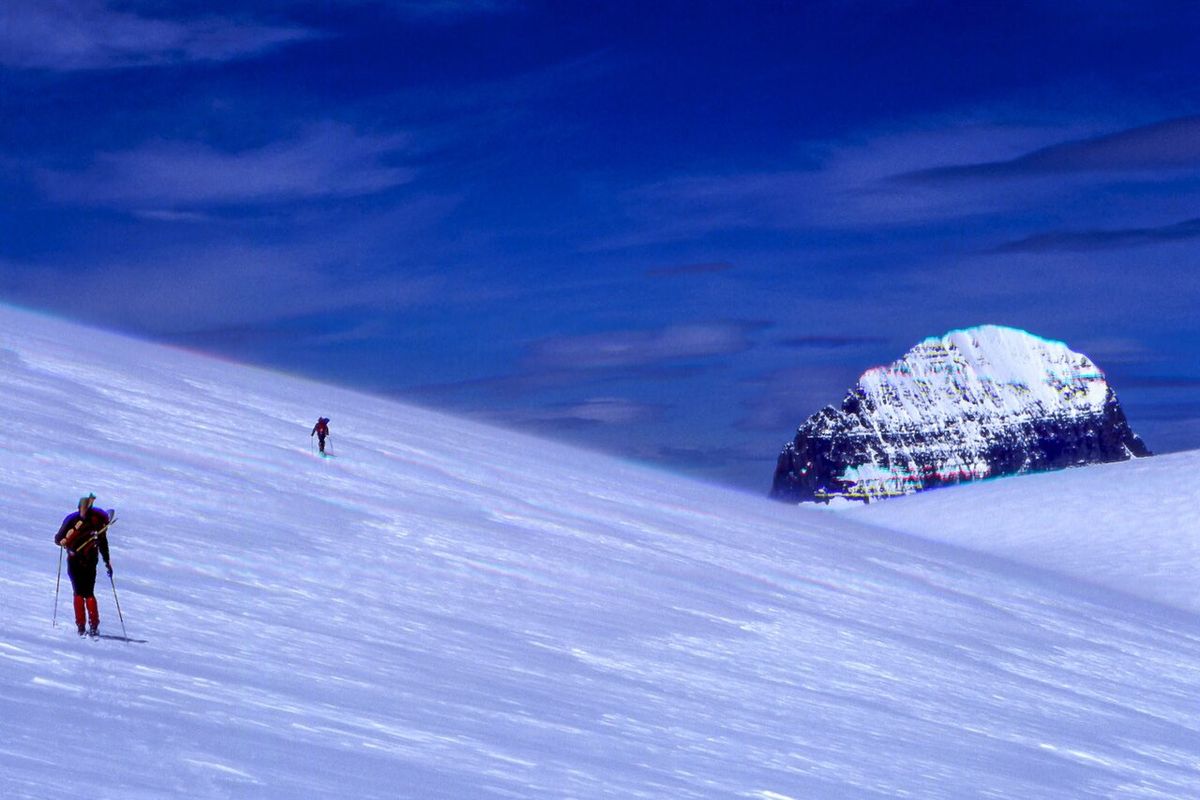 Mt. Alberta's summit from the slope of Columbia Icefield's high shoulder (Unnamed 10-7). The slope up to the right goes to the Stutfields (E
