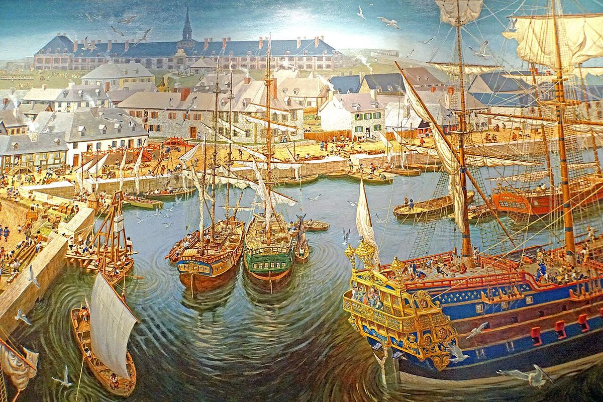 Painting by Lewis Parker showing recreations of Louisbourg's busy port before destruction.