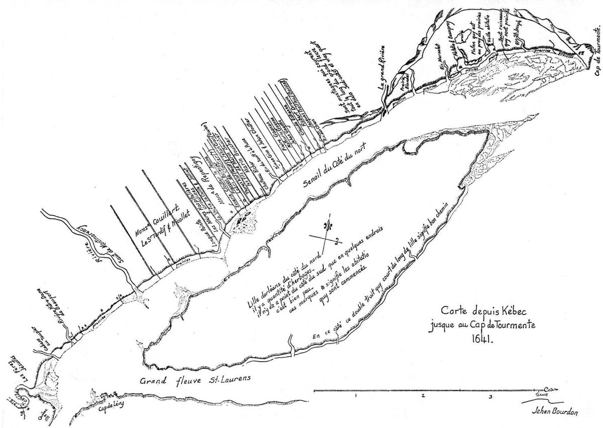 Map of Beaupré and Orléans Island, at east of Quebec City, made by Jean Bourdon in 1641.