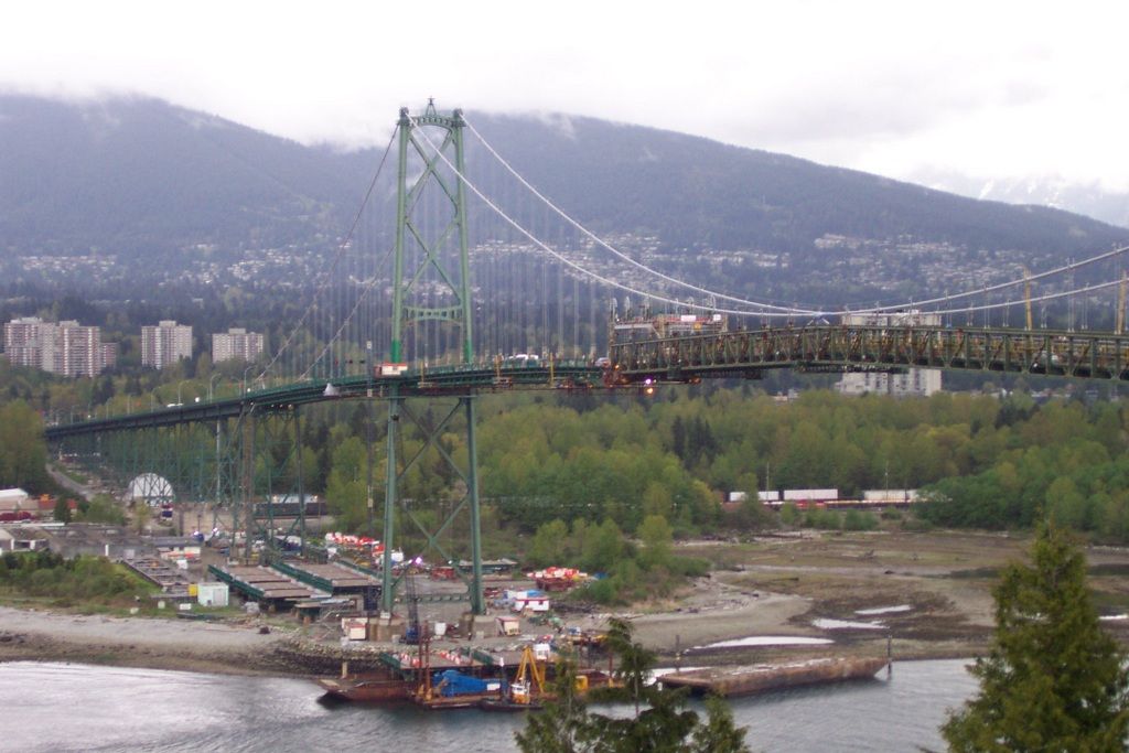 Lions Gate Bridge in Vancouver, BC, Canada progress of replacement of the vehicle bridge deck while maintaining traffic flow. April 22, 2001