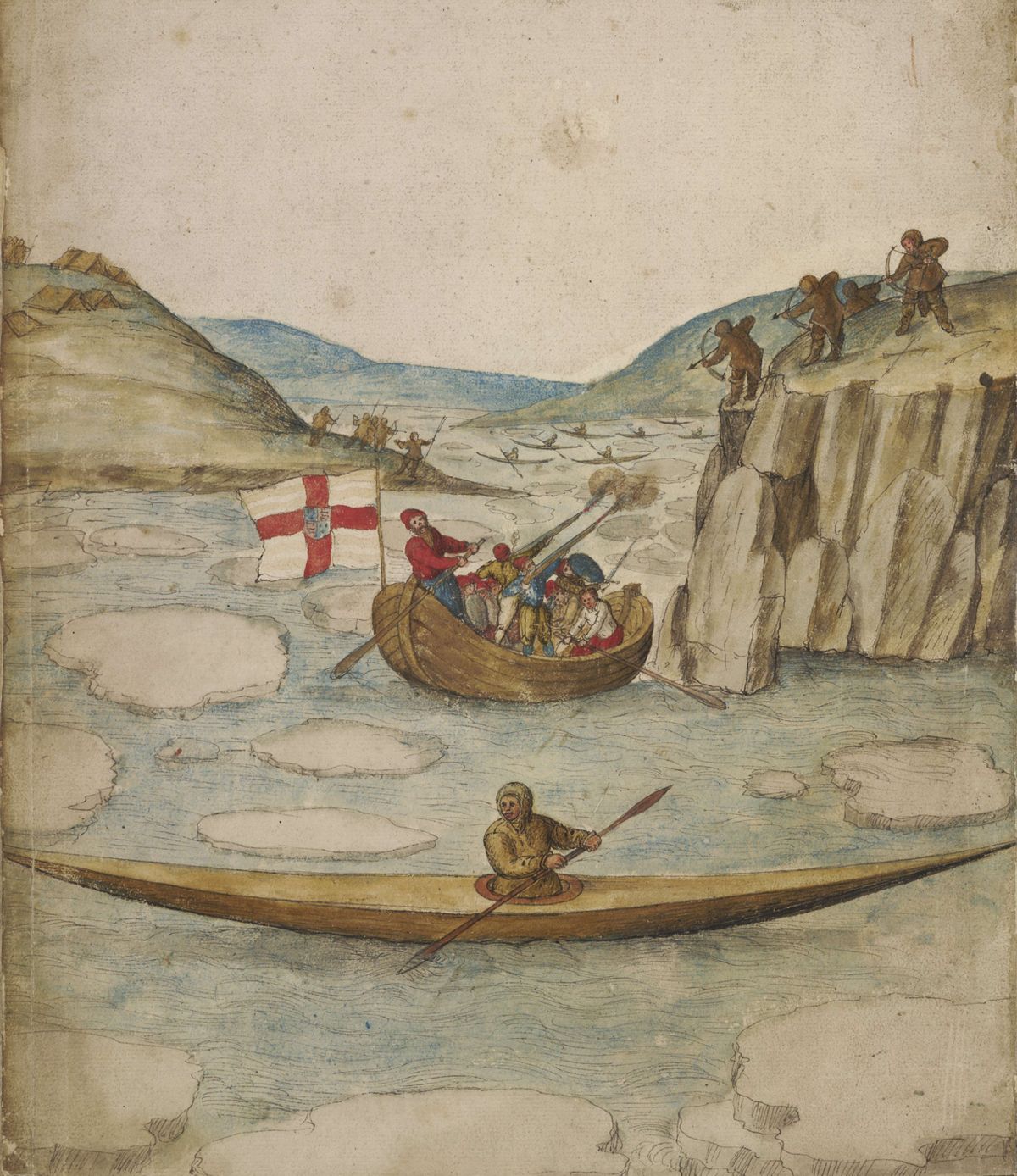 Watercolour by or after John White, showing a skirmish between Englishmen and Inuit on the coast of Baffin Island. It likely depicts an inci