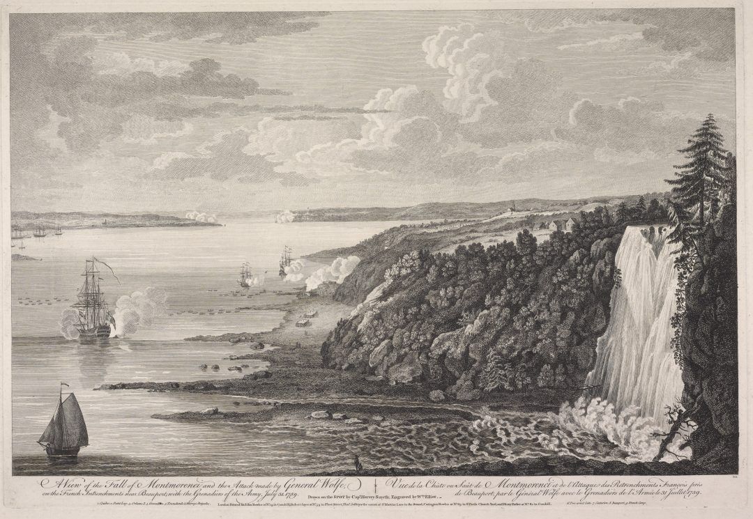 Engraving entitled A view of the fall of Montmorenci and the attack made by General Wolfe, on the French intrenchments near Beauport, with t
