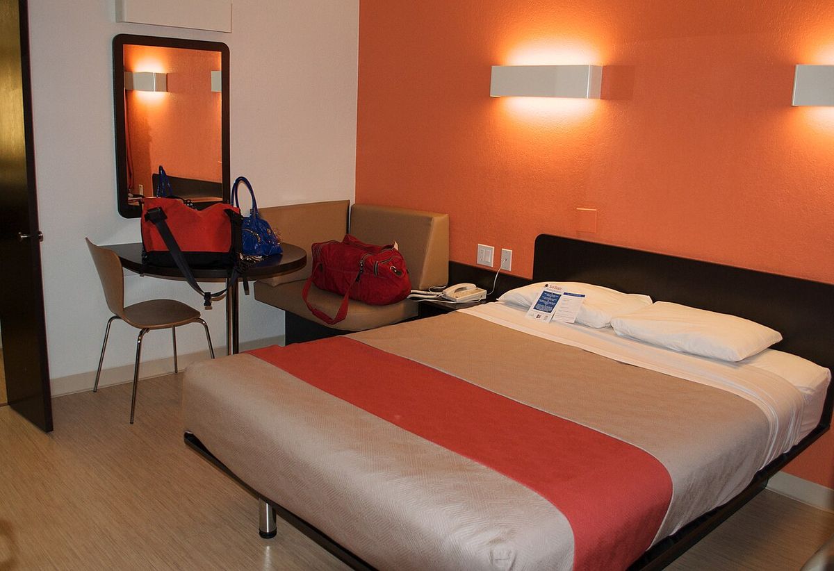 A photo of the interior of a Motel 6 room. According to the original description, this Motel 6 is located in Santa Barbara, California where