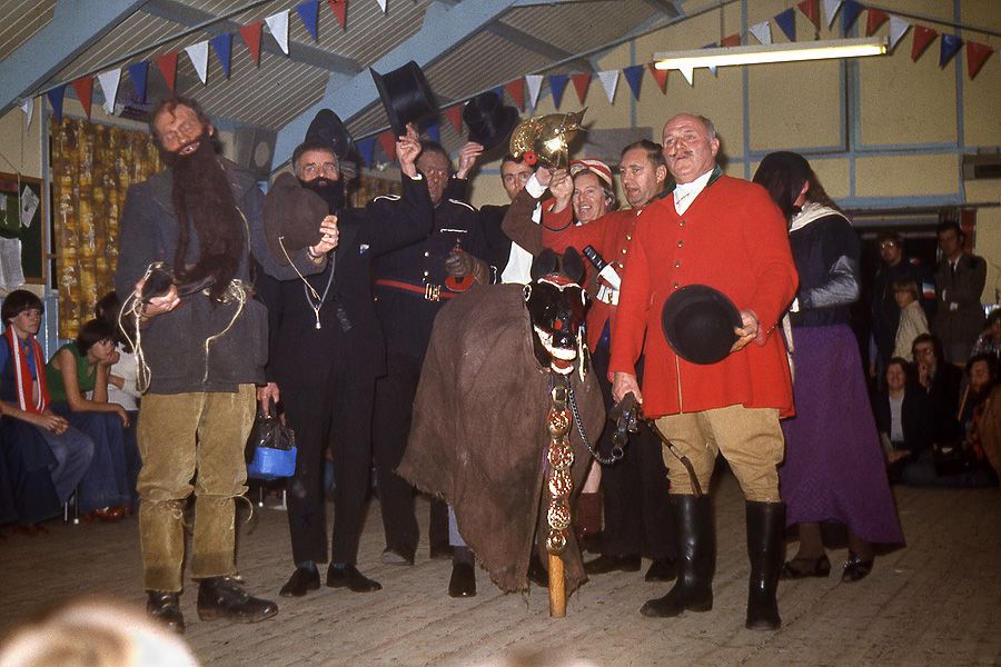 A scan from a print of a 35mm transparency which I took of the Antrobus Soul Cakers at the end of a performance in a village hall in or near