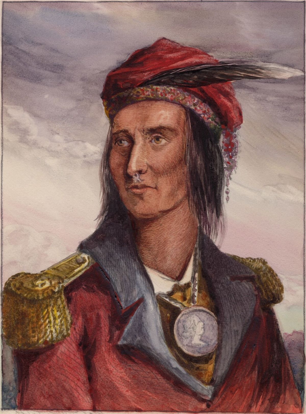 A painting of Shawnee chief Tecumseh, in water colors on platinum print, based on Lossing's 1868 engraving.[1]