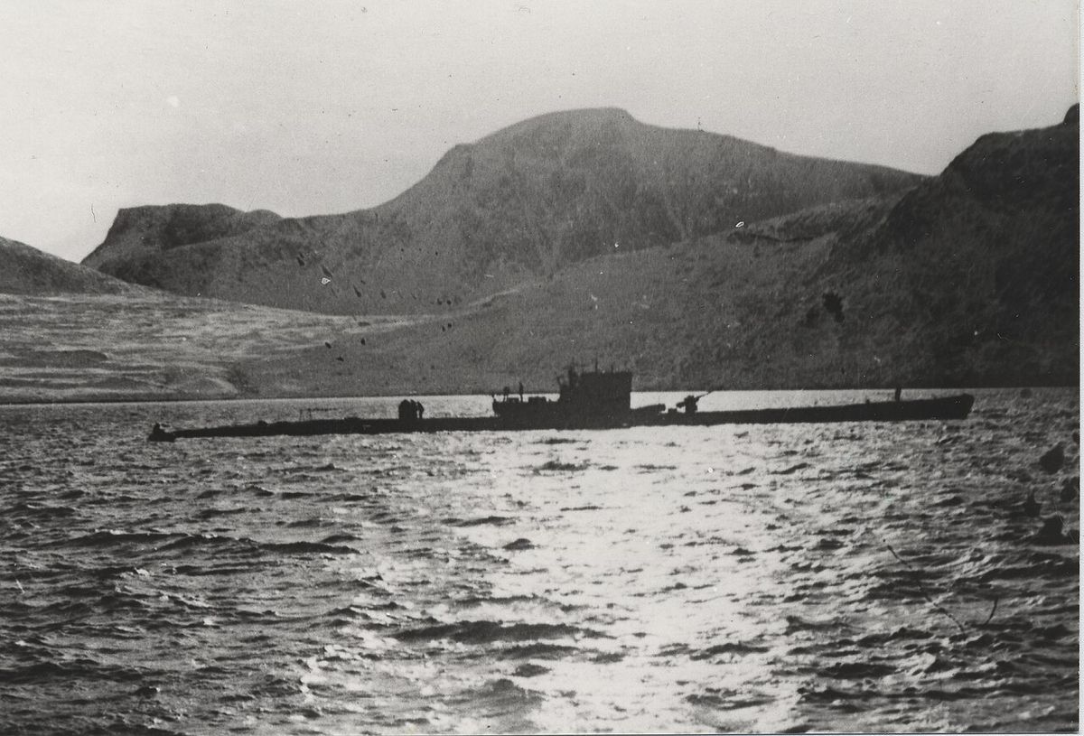 Type IXC/40 submarine U-537 at anchor in Martin Bay, Labrador, Dominion of Newfoundland on 22 October 1943. Crewmen are visible on deck offl