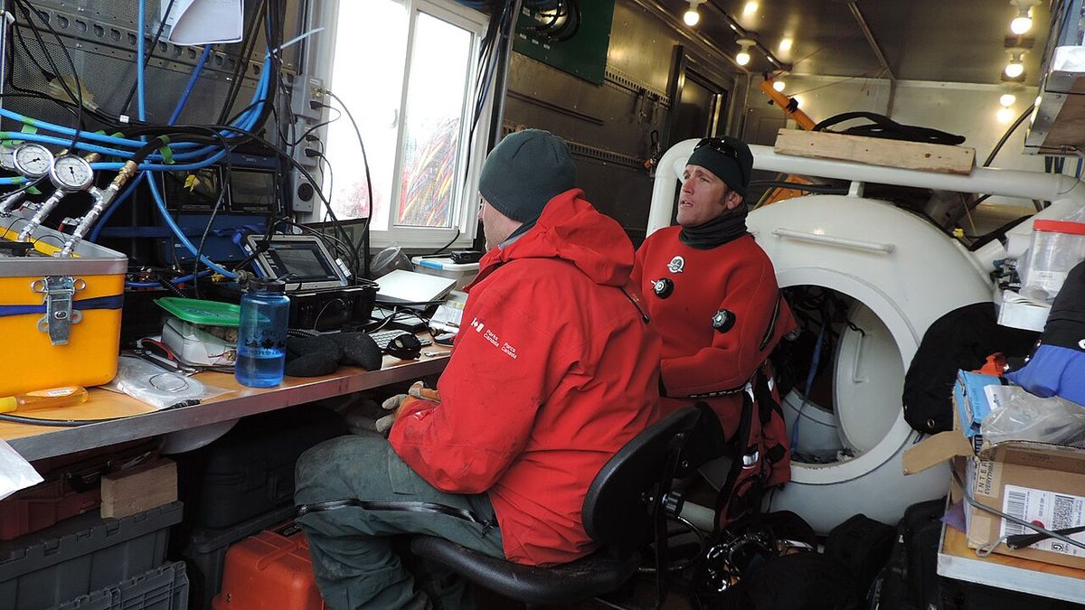 On board Parks Canada's archeology support barge "Qiniqtiryuaq" beside the wreck of the HMS Erebus (1926), 2019. In this container on the ba